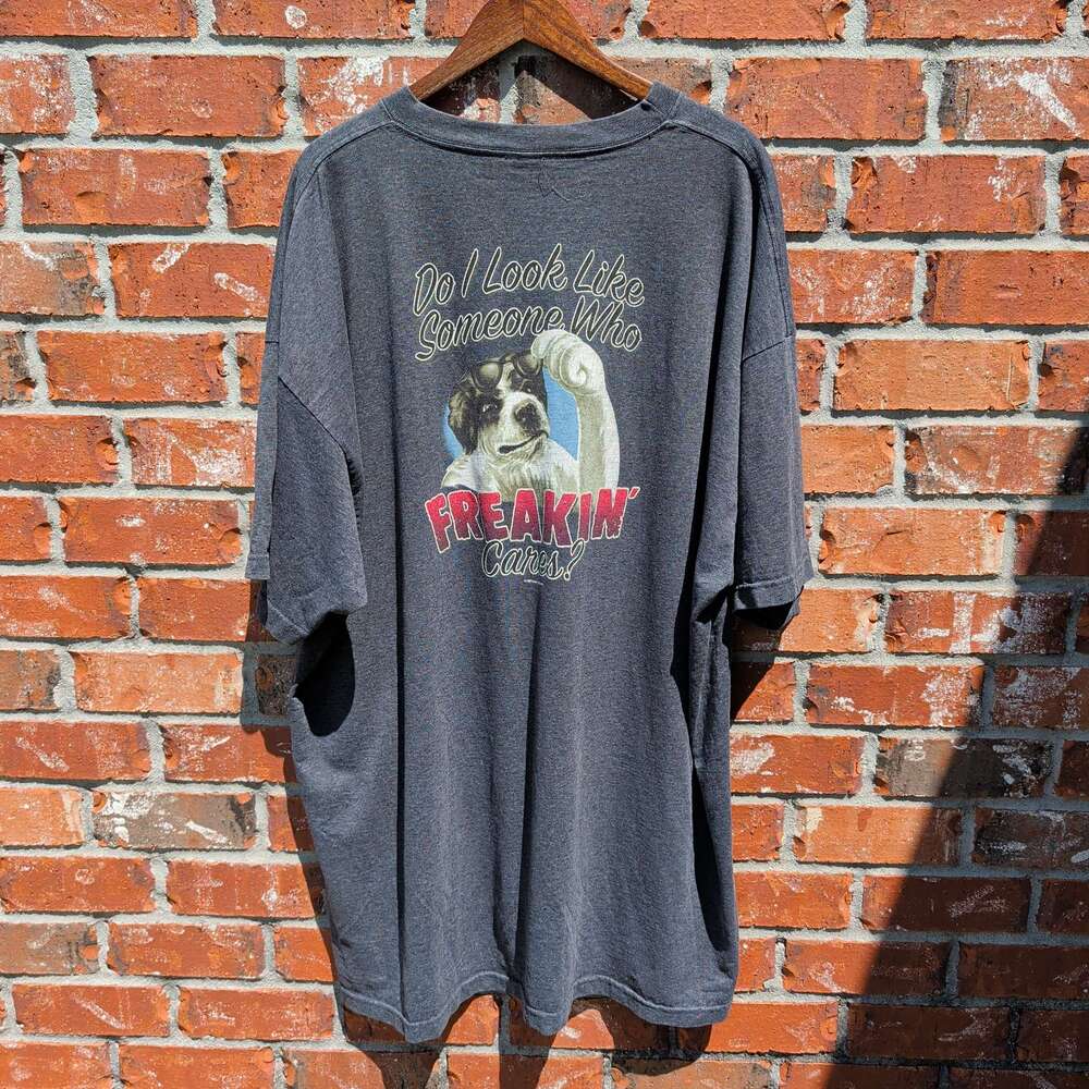 Big Dogs Freakin Cares Tee Mens 2XL Gray Graphic 2003 Vintage Dog